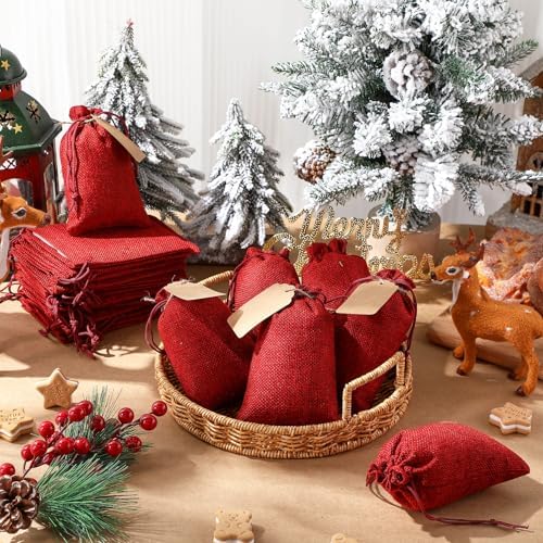 Woanger 100 Pcs Drawstring Burlap Gift Bags 4x6'' with Tags, Red - Image 6