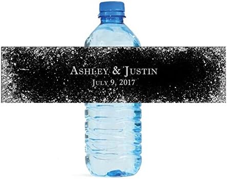 100 Silver Glitter On Black Wedding Anniversary Engagement Party Water Bottle Labels Bridal Shower Birthday by DesignThatSign