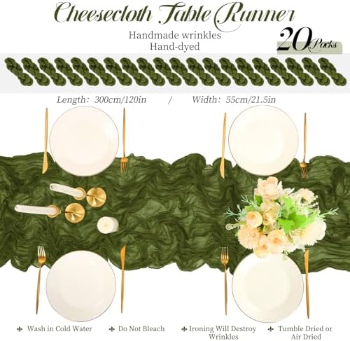 Teruntrue 20 Pack Olive Green Cheesecloth Table Runner 17x108 Inch, Boho Gauze Sheer Fabric Cheese Cloth Table Runners for Wedding Party Bridal Shower Baby Shower Birthday Home Decor Garden Farmhouse - Image 2