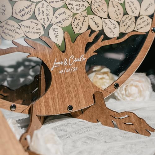Tree Wedding Guest Book Alternative, Unique Drop Box Frame with Wooden Leaves, Rustic Wedding Decoration, Personalized Guestbook Set with Markers Stand for Reception Anniversary (Round, Mix Green Tr) - Image 6