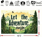 Rustic Hand Drawn Let The Adventure Begin Backdrop Sunset Mountain Pine Tree Forest Photo Background Open Book Birds Adventure Themed Boys 1st Birthday Camping Party Photography Booth Banner，B：9X6FT - Image 7