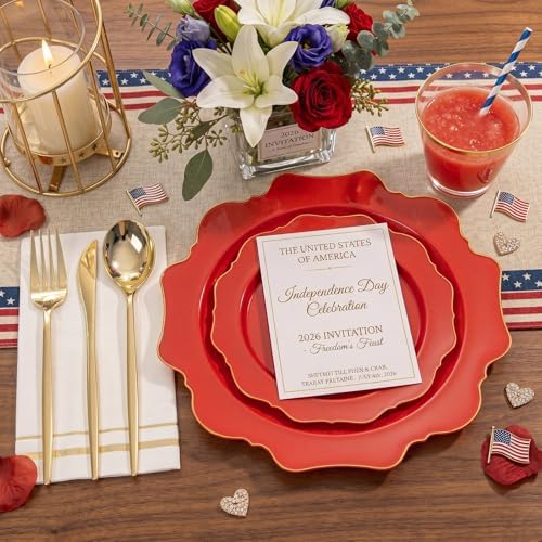 WDF 175Pcs Red Plates - Red Plastic Plates with Gold Rim - Fancy Disposable Dinnerware Sets Ideal for Party/Wedding - Image 2