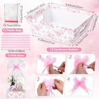 ForraFun 12 Pcs Pink Floral Baskets for Gifts Empty with Plastic Bag Ribbon Bow 8x10'' Pink White Cardboard Gift Wrapping Basket with Handle to Fill for Spring Wedding Bridal Birthday Party Supplies - Image 2