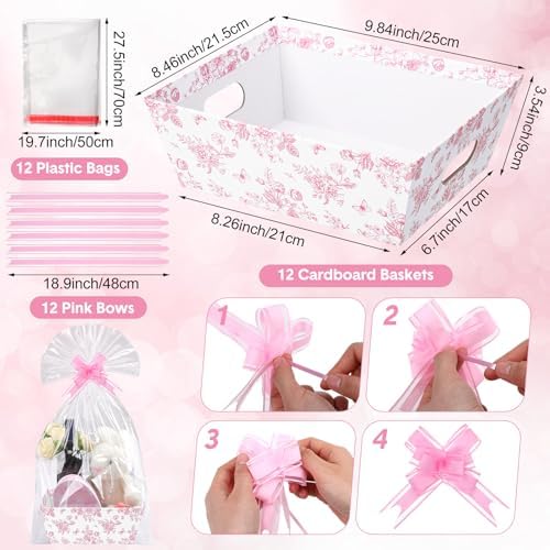 ForraFun 12 Pcs Pink Floral Baskets for Gifts Empty with Plastic Bag Ribbon Bow 8x10'' Pink White Cardboard Gift Wrapping Basket with Handle to Fill for Spring Wedding Bridal Birthday Party Supplies - Image 2
