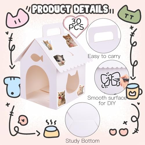 ARELUX 30 Pcs Cat House Shaped Party Favor Boxes, Foldable Pet Adoption Treat Gift Boxes with DIY Stickers - Blank Goodie Bags for Kitten Birthday, Cat Themed Events - Image 3