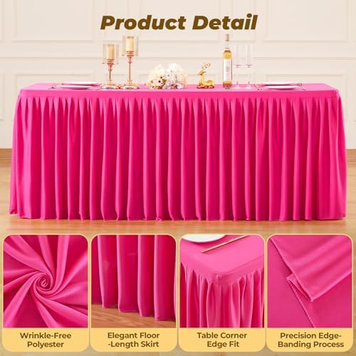 Hot Pink Polyester Table Cloths for Rectangle 8 Foot Tables, 6 Pack Wrinkle Free Tablecloths Stretchy Banquet Ruffle Fitted Table Cover Desk Skirt for Parties Wedding Birthday Baby Shower - Image 4
