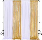 Wedding Backdrop Curtain 10ftx10ft - Gold Sequin and White Satin Drapes by SoarDream