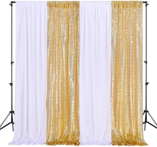 Wedding Backdrop Curtain 10ftx10ft - Gold Sequin and White Satin Drapes by SoarDream