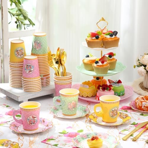 Layhit 83 Pcs Disposable Tea Party Set with 3 Tier Cake Stand Vintage Floral Paper Cups Plates Napkins Cutlery for Women Girls Birthday Baby Shower Bridal Shower Tea(Vivid) - Image 6