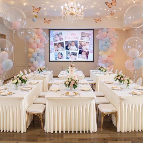 Ivory Table Cloth for 6 Foot Rectangle Tables Fitted Stretch Spandex Table Cover with Skirt 6ft Baby Shower Birthday Party Banquet Ruffle Cream Tablecloth Wedding Table Cloths Desk Skirt, 6 Pack - Image 2