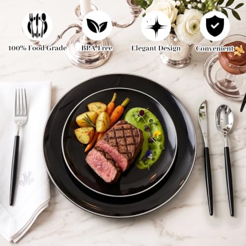 DaYammi 30 Guests Black Plastic Plates with Disposable Silverware,Silver Cutlery with Black Handle,Silver Disposable Dinnerware:60 Dinner/Dessert Plates,90 Plastic Silverware Set for Party Wedding - Image 4