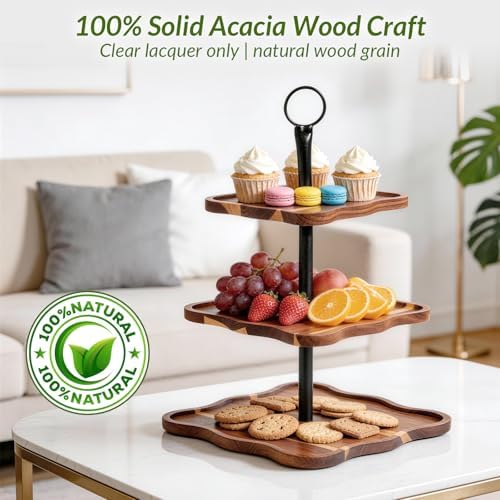 Cupcake Stand,3 Tier Detachable Acacia Wood Cupcake Tower,Tiered Tray Stand,Wave Edged Square Design with Black Metal Handle,for Wedding, Birthday, Baby Shower,Home Decor - Image 4