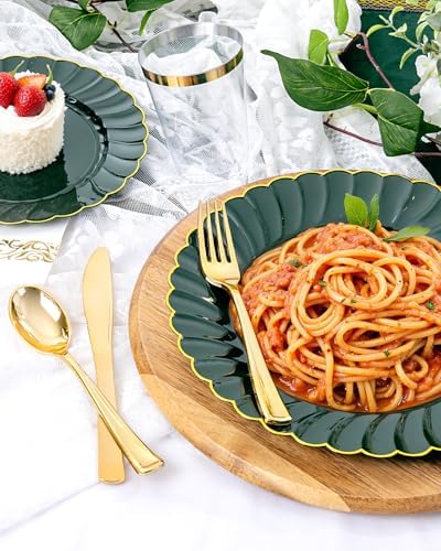 YOUBET 175PCS Green Scalloped Plastic Plates for Party Wedding - Image 3