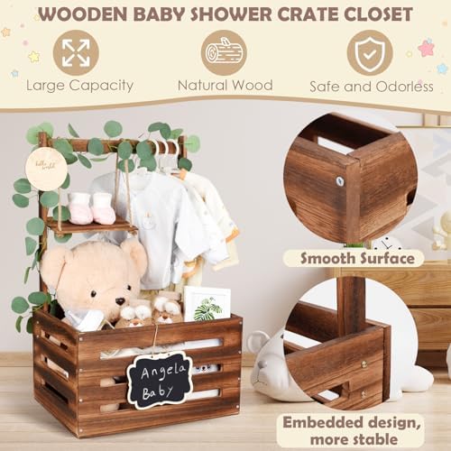 Wooden Baby Shower Crate Closet with Handle and Garland, Large Capacity Baby Baskets for Baby Shower, Easy Assembly Baby Shower Basket for Welcome Newborn Parents Party (Dark Walnut) - Image 5