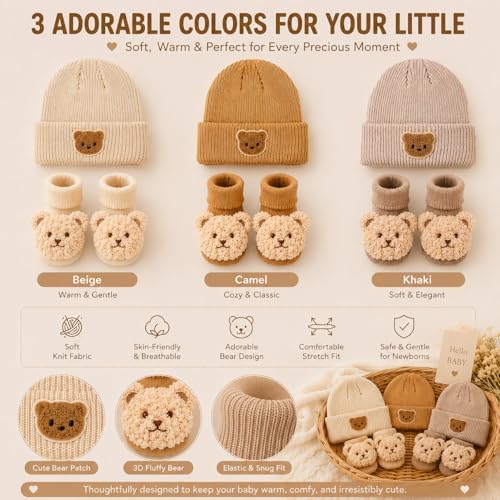 3 Set Baby Shower Table Decorations Bear Theme Socks Bulk with Dried Flower and Knit Hat for Photo Props Gender Reveal Table Centerpieces Baby Party Supplies Neutral Party Decor - Image 4