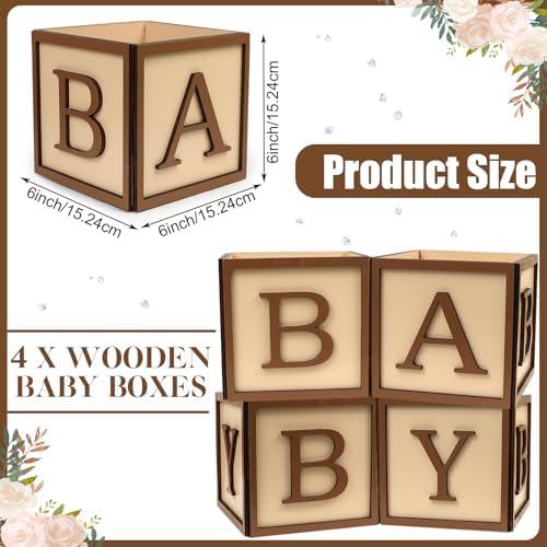 4 Set Baby Shower Centerpieces for Tables - 6 inch Wooden Boxes with Baby Letters Rustic Cube Planter Wood Blocks for Gender Reveal Party Favor (Brown) - Image 2