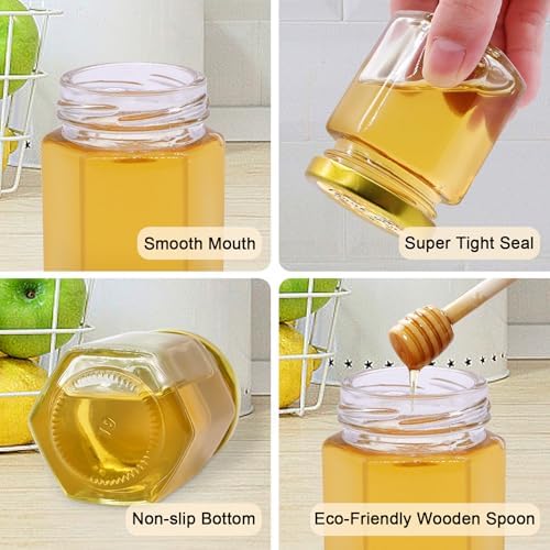 Aliggbent 70 Pack Honey Jars, 3oz Hexagon Glass with Dippers - Image 4