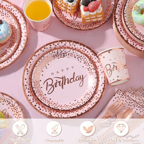 352 Pcs Pink and Rose Gold Birthday Party Supplies Severs 50 Guests Paper Plates Cups Napkins, Plastic Tablecloths Forks Knives Spoons Pink Disposable Dinnerware Set for Baby Shower Birthday Wedding - Image 3