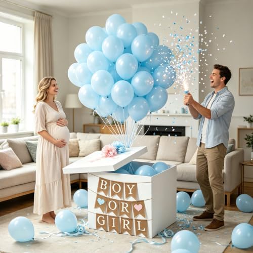 Faelhacon 28”Giant Gender Reveal Gift Box with Lid Banner 40 Pcs Blue Balloons and Ribbons Sturdy Cardboard Easy Assembly Boy Or Girl Reveal Party Decor DIY Foldable Storage(Blue) by Unknown