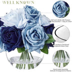 WELL KNOWN Silk Rose Artificial Flowers with Vase Artificial Rose Flower Arrangements in Round Bowl Vase with Faux Water for Home Table Decoration (Bicolor Blue) - Image 2