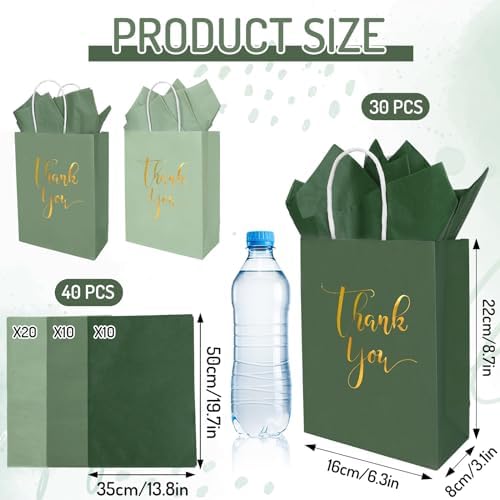 Whaline 30Pcs Sage Green Thank You Paper Gift Bags 6.3 x 3.1 x 8.7 inch 3 Colors Gold Foil Thank You Party Favor Bag with Handle 40 Sheet Tissue Paper for Wedding Birthday One Lucky Duck Gift Wrapping - Image 2