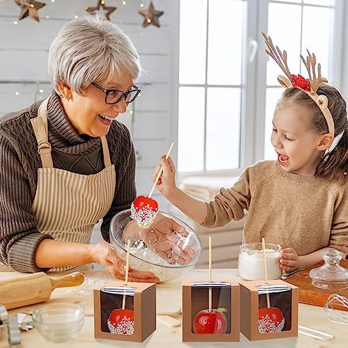Yahenda 60 Pcs Kraft Candy Apple Boxes 4" x 4" x 4" With Hole and Stick - Clear Window Gift Boxes for Cake, Cookies, Chocolate, Caramel Apples - Wedding, Baby Shower Party (Brown) - Image 6