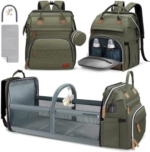 DERJUNSTAR Diaper Bag Backpack, Large Baby Bag with Changing Pad, Thick Padded Back & Straps, Laptop Compartment, Waterproof Travel Backpack with USB Port, Multi-Function for Mom & Dad, Army Green by Derjunstar