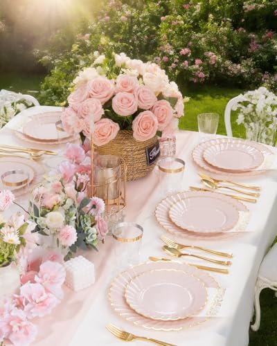 YOUBET 175PCS Pink Scalloped Plastic Plates for Party Wedding Baby Shower - Image 4