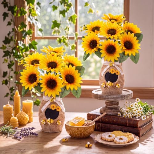 2 Set Honeybee Beehive Vase Decor Include Sunflower, Yellow - Image 2