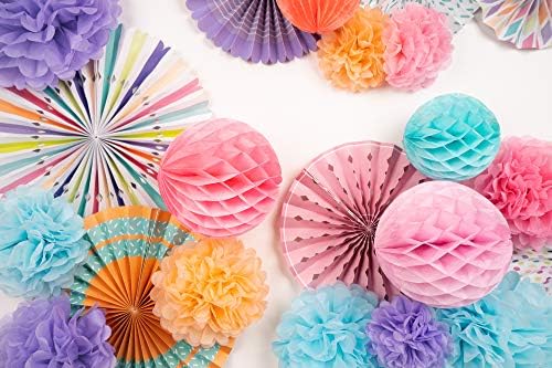 PapaKit 26pc Deluxe Large Multicolor Party Decoration Set - Vibrant Tissue Paper Pom Poms, Honeycomb Balls & Hanging Paper Fans Backdrop - Festive Decor for Birthday, Baby Shower, Fiesta & Photo Booth - Image 3