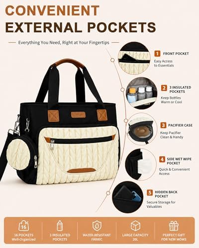 FHELAD Diaper Bag Tote for Women, Baby Diaper Bag Set (Black-White) - Image 2