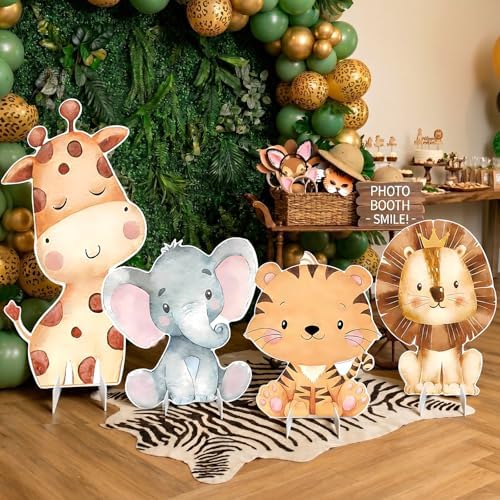 4Pcs Large Jungle Safari Animal Party Decorations, 23.6'' Plastic Cartoon Jungle Animal Cardboard Cutout StandUp Wild One Safari Party Centerpieces Photo Booth Backdrop for Baby Shower Birthday by Unknown