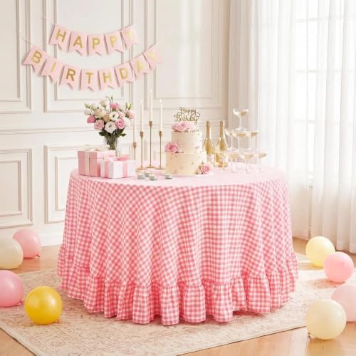 Eternal Beauty Gingham Ruffled Tablecloth Pink White 70 Round Farmhouse by EternalBeauty
