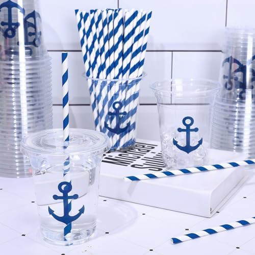 Whaline 50Pcs Nautical Disposable Plastic Cups with Lids and Straws 12 Oz Blue Anchor Cold Beverage Drinking Cups for Ocean Theme Birthday Party Supplies - Image 4