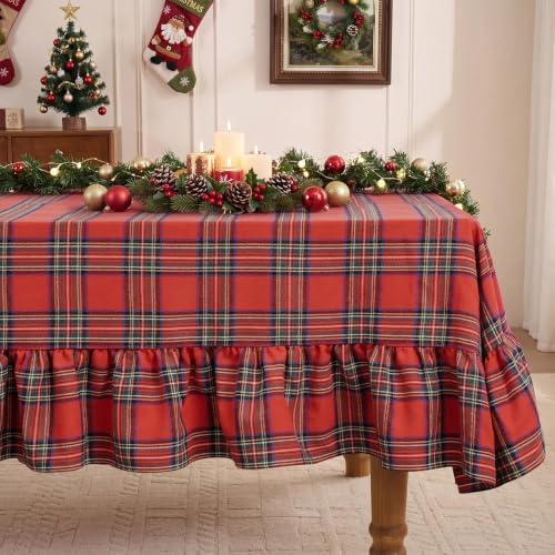 Romanstile Christmas Plaid Ruffled Tablecloth Rectangle, 60x102 Inch Red by Romanstile