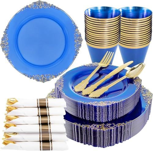 Nervure 175Pcs Blue Plastic Plates, Disposable Party Plates for 25 Guests by Nervure