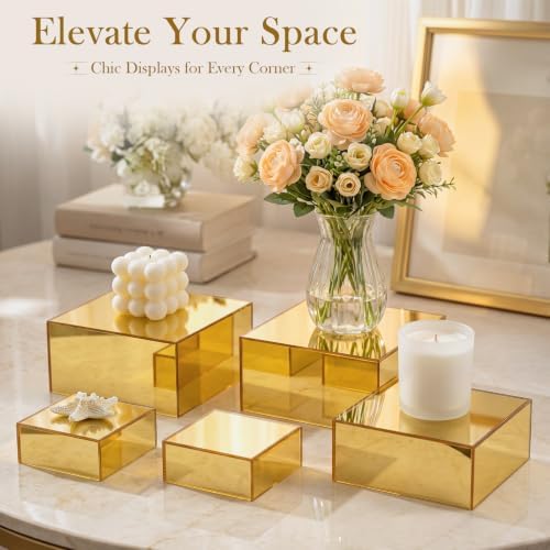 Jerify 6 Pcs Mirror Acrylic Display Risers 5.91" 5.12" 3.54", Gold Square - Image 3