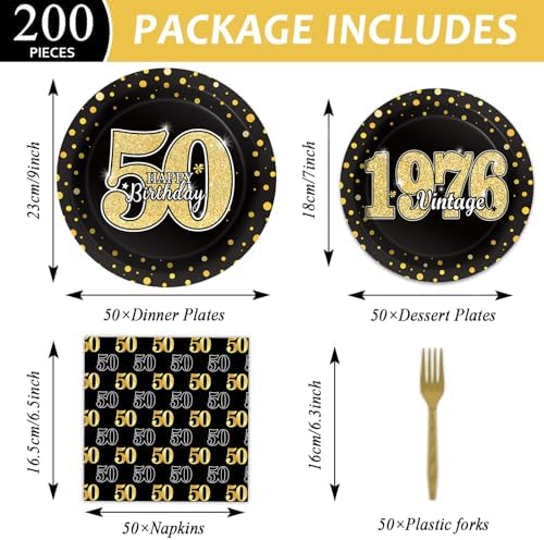 200PCS 50th Theme Birthday Party Tableware Vintage 1976 Party Supplies - Image 2