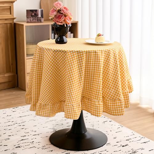 vctops Farmhouse Yellow Plaid Ruffle Table Cloth, Boho Cotton Linen Tablecloth, Washable Table Cover for Round Table Baby Shower Kitchen Party Wedding Decor (Yellow,70") by vctops