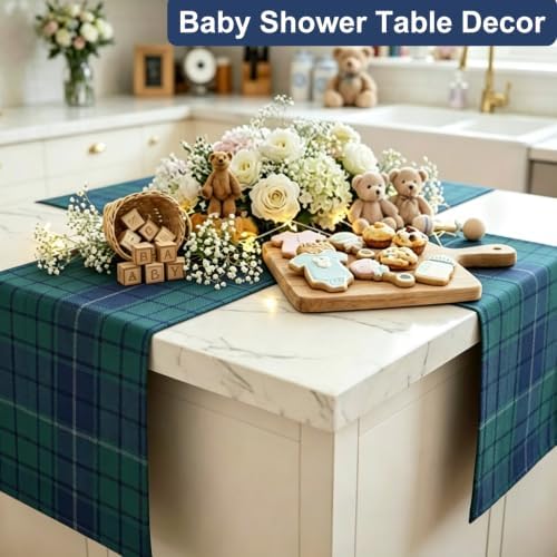 6 Pcs 72 X 13 Tartan Plaid Table Runner, Green Blue Tartan Baby Shower - Image 7