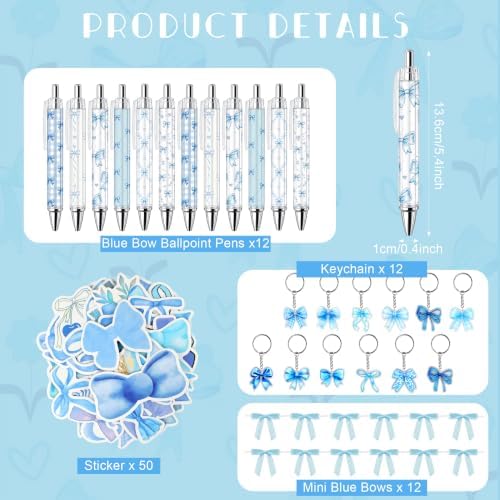 12 Sets Blue Bow Party Favors Includes 24 Oz Tumblers with Lids and Straws Pens Keychains Clear Gift Bags Coquette Aesthetic Gifts Set for Guests Bridal Baby Shower Birthday Party Supplies - Image 3