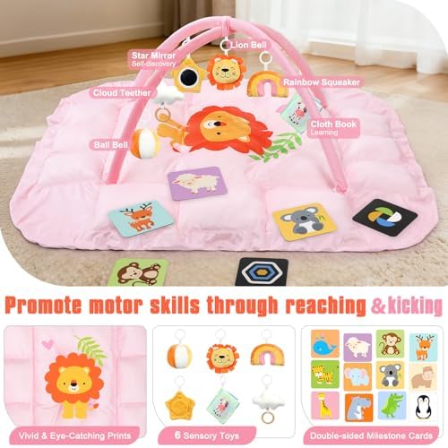 5-in-1 Tummy Time Mat Baby Activity Gym with Cartoon Pattern, Extra Thick Plush Play Floor Mat, Featuring Hanging Toys, Sensory Development Gym & Lovely Gift for Newborn Baby, Lion - Image 3