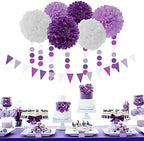 Purple Lavender White Streamers Birthday Banner Baby Bridal Shower Wedding Engagement Bachelorette Graduation Decorations Heart-Garland and Tissue Pom Poms,Women Girl Birthday Supplies Tassel Garland - Image 6