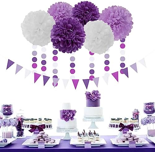 Purple Lavender White Streamers Birthday Banner Baby Bridal Shower Wedding Engagement Bachelorette Graduation Decorations Heart-Garland and Tissue Pom Poms,Women Girl Birthday Supplies Tassel Garland - Image 6