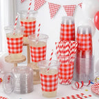 Funnymoom 50 Sets 20 oz Red Gingham Plastic Cups with Lids and Paper Straws - Image 6