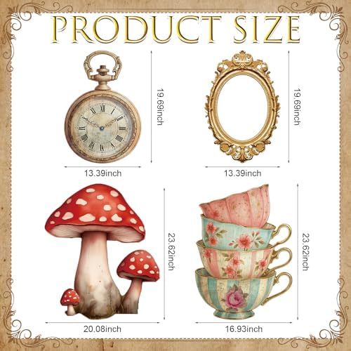 4 Pcs Wonderland Tea Party Decoration Life Size Tea Party Cardboard Cutouts Clock Retro Photo Frame Mushroom Floral Teacup Cutouts for Baby Shower Birthday Photo Booth Props Backdrop Favor - Image 3