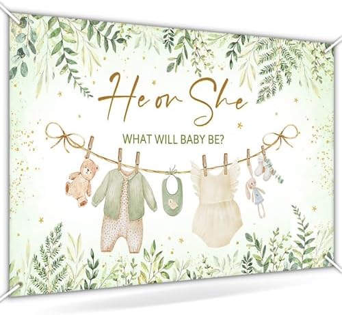 Avezano Greenery Gender Reveal Backdrop Banner Watercolor Boy or Girl Clothes He or She What Will Baby Be Gender Reveal Decorations Green Leaves Gold Dots Neutral Baby Shower Banner (8x6ft) - Image 4