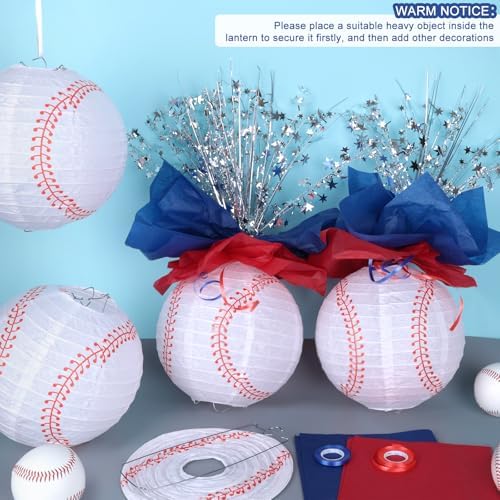 72 Pieces Baseball Paper Lanterns Centerpieces Decorations 8'' Lanterns Table Centerpieces with Metallic Foil Centerpiece Wrapping Paper and Ribbons for Baseball Birthday Party (72 PCS, Baseball) - Image 7