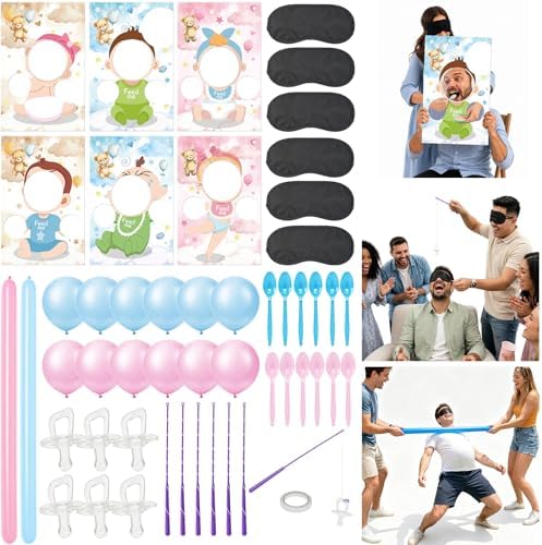 Cinrobiye 6 Set Baby Shower Games Kit Feed the Baby Shower Game with Pacifier Fishing Game, Balloon Baby Bump Limbo Challenge, Blindfold Team Party Activities for Gender Reveal Baby Shower by Cinrobiye