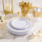 SUT 350 Pcs Gold and White Plastic Dinnerware Set for 50 Guests, Include: 50 Dinner Plates, 50 Dessert Plates, 50 Pre Rolled Napkins With Silverware, 50 Cups, Disposable Plates for Party, Wedding - Image 3